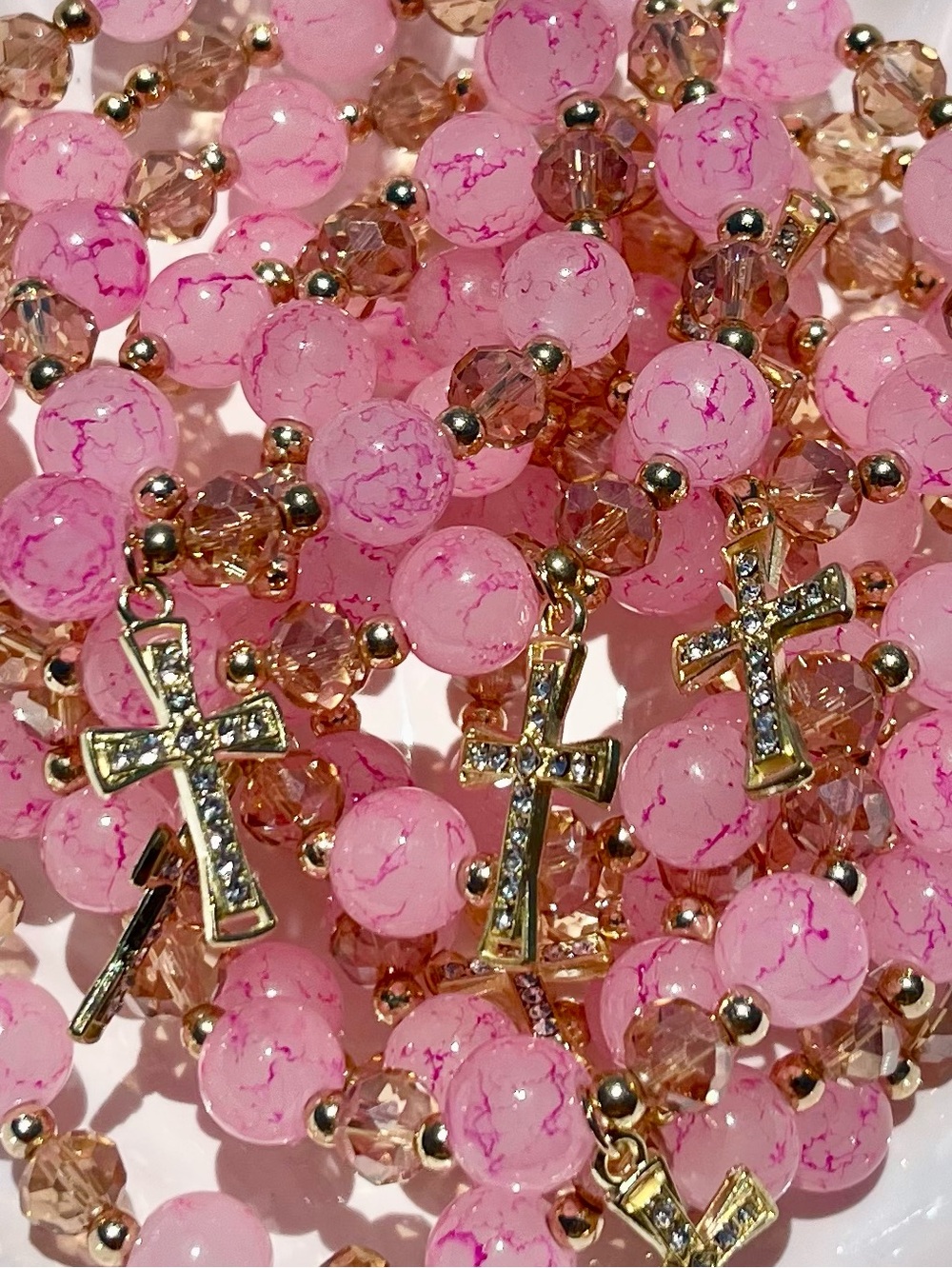 Pink& Gold Glass Beaded Cross Bracelet NWOT